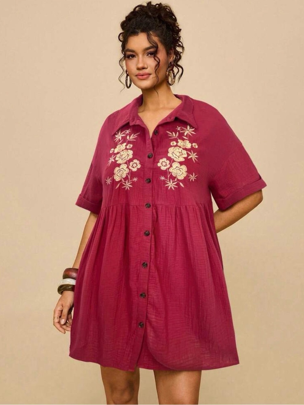 SHEIN Burgundy Button-Front Floral Embroidered Babydoll Dress
